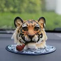 Tiger head car dashboard ornament with smoking pipe and blue patterned non-slip mat - Yellow Tiger Head (A)