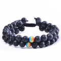 Double-layered black volcanic lava stone bracelet with colorful rainbow beads and adjustable cord - Lava Stone Double Row