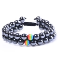 Double-layer braided black hematite bead bracelet with colorful rainbow accents - Magnetic Hematite Double Row