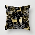 Housse de coussin de Noël noire avec motifs dorés et blancs de cerfs et de plantes - Noir Or Totem Double Cerf