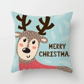 Blue Christmas pillow cover featuring a cartoon reindeer and Merry Christmas text - Light Blue Reindeer and Snow (DRD370-12)