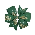 Macro detail of dark green ribbed ribbon bow with gold Merry Christmas print and white snowflakes - Green Greetings Snowflake Style (6)