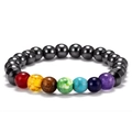 Detail view of colorful seven chakra natural stone beads on a dark metallic bracelet - Dark Grey Stone Chakra Style (BR18Y0029)