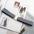 Detail of navy and white striped elastic belt with elegant gold rectangular buckle - Metal Square Buckle (Blue/White/Blue)