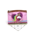 Detail view of pink unicorn coin purse with magic print, zipper and key ring hook - Pink Heart Unicorn (No.6)