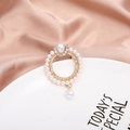 Elegant gold alloy circular brooch with white pearls, rhinestones and teardrop pendant - Pearl Ring Tassel