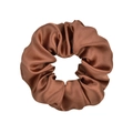 Brown satin silk scrunchie with soft elastic fabric texture and glossy finish - Coffee