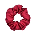 Detailed view of the smooth red satin texture on this elastic hair scrunchie - Dark Red