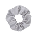 Close-up of silver-grey satin silk scrunchie with smooth metallic luster and soft texture - Silver Gray