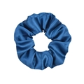 Detailed view of dark blue satin scrunchie showing glossy fabric texture and elastic pleats - Dark Blue
