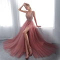 Elegant deep V-neck sleeveless sequined gown with high slit in dusty rose mesh fabric - S / Dresses / Pink