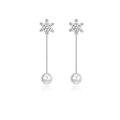 Silver snowflake earrings with rhinestones, long tassel design and pearl accent - Snowflake Studs + White Pearl Drop