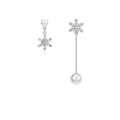 Asymmetric silver snowflake earrings with pearl tassel and cubic zirconia crystals - Asymmetric Snowflake + White Pearl Drop