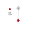 Asymmetric S925 silver snowflake earrings with red pearls and tassels for women - Asymmetric Snowflake + Red Pearl Drop