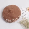 Elegant brown wool beret for girls with white pearl embellishments and rhinestones - 50-52CM / Brown