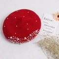 Bright red wool beret for girls featuring white pearls and rhinestone decorations - 50-52CM / Red