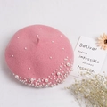 Pink wool beret for girls featuring white pearls and sparkling rhinestone accents - 50-52CM / Pink