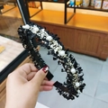 Detail of tweed and lace headband with white pearls and vintage woven texture - Black Tweed Pearl Headband