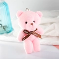 Pink plush teddy bear keychain with brown Love ribbon and metal bead chain detail - Pink