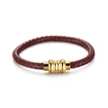 Braided dark red leather bracelet for men featuring a polished gold magnetic metal clasp - Red-Brown (KB115193-KFC)