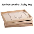 Bamboo 3-tier jewelry display tray with beige velvet lining for necklaces and bracelets - Bamboo Wood Necklace Tray - Beige Velvet