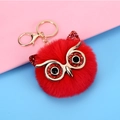Red glitter owl keychain with faux rabbit fur ball and golden metal decorative details - 8cm / Red