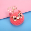 Pink faux rabbit fur owl pompom keychain with golden glitter details and metal clip - 8cm / Bright Watermelon Red