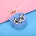 Blue sequin owl faux rabbit fur pom pom keychain with golden lobster clasp and ring - 8cm / New Sky Blue