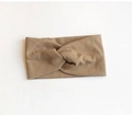 Minimalist tan ribbed knitted headband with twist knot design for yoga or skincare - Cross / Khaki