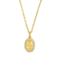Elegant gold Virgin Mary pendant necklace featuring micro-set cubic zirconia on cross chain - Type B/Oval Solid Relief/Gold