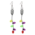Detail of festive LED light string earrings with colorful bulbs on metal hooks - Colorful