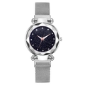 Starry blue dial quartz watch for women with silver Milanese mesh strap and crystal markers - Silver
