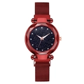 Burgundy starry sky watch with faceted crystal and magnetic mesh band for women - Red