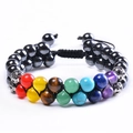 Bracelet double couche ajustable avec 7 pierres de chakra naturelles et perles d'hématite - Style Hématite Noire