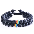 Double-layer matte black beaded bracelet with colorful rainbow stripes and woven cord - Matte Stone Rainbow Bracelet