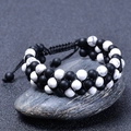 Adjustable double-row braided bracelet with black matte and white marble stone beads - 6MM Distance Bracelet (3 Rows)
