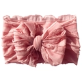 Detailed view of pink baby headband with large lace trim bow and soft pleated fabric - Pink