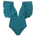 Deep V-neck one-piece swimsuit in teal with ruffled sleeves and high-waisted design - S / Dark Green