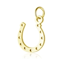 Detail of a golden horseshoe charm with small holes and a jump ring on white background - Horseshoe Gold