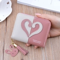 Grey and pink patchwork short wallet with heart stitching and tassel charm pendant - Deep Pink
