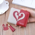 Women's short zip wallet in beige and burgundy with heart stitching and tassel charm - Wine Red