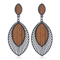 Orecchini vintage in legno a forma di foglia con cornice in metallo nero e venature - Stile 2 (Foglia cava venatura del legno)
