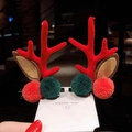 Pair of festive Christmas antler hair clips with red and green plush pom-poms - 11# Red Antler Red Green Pom Pom Pair Clips