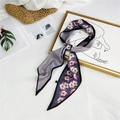 Long silk scarf with purple floral print and houndstooth pattern for hair or bag strap - Grey Black Floral Check