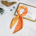 Polka dot orange skinny silk scarf tied on frame, stylish wrist or bag accessory - Orange Yellow Polka Dot