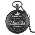 Detailed engraving on black pocket watch cover featuring crown and sentimental message - Black
