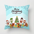 Detailed close-up of Merry Christmas festive pillow cover with cartoon Santa and snowman prints - Light Blue Cartoon Festival (DRD370-2)