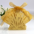 Elegant gold shell laser-cut candy box with matching ribbon for wedding favors - Gold