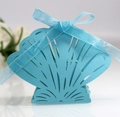 Sky blue shell shaped laser cut candy box with ribbon for wedding party favors - Tiffany Blue
