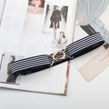 Close-up of blue and white striped elastic belt with elegant gold interlocking buckles - Metal Round Buckle (Blue/White/Blue)